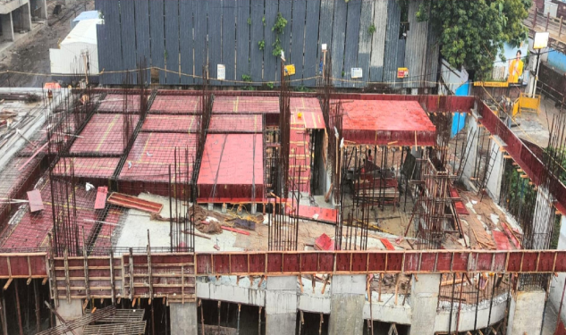 DRA Astra construction update on 24-11-2025 showing Main building – Pour 2 stilt floor roof Slab balance area shuttering work completed View in Madhavaram, Chennai.